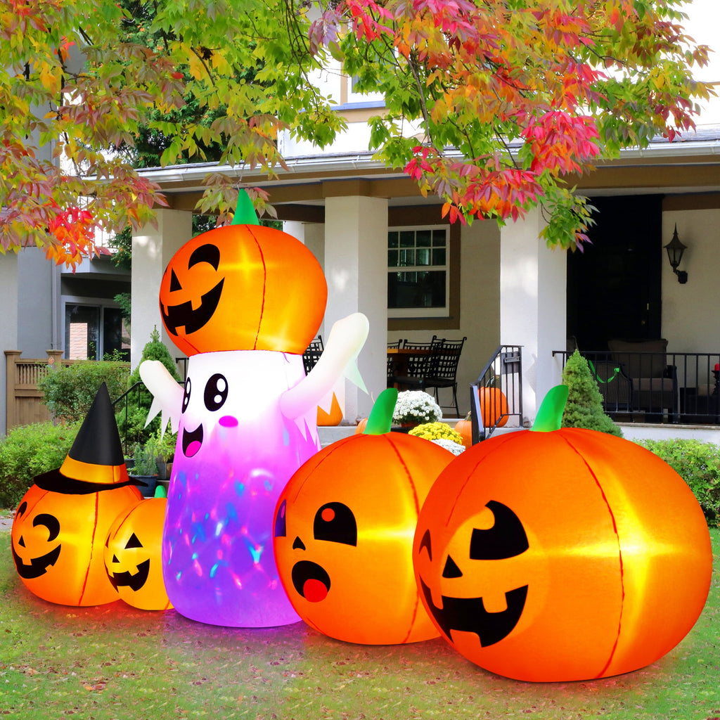 Yexmas 9.4ft Halloween Inflatable Pumpkins Outdoor Decor with Black Cat Tombstone and Spectre,360° Rotating Colorful LED Lights,for Halloween Party,Yard,Garden,Lawn
