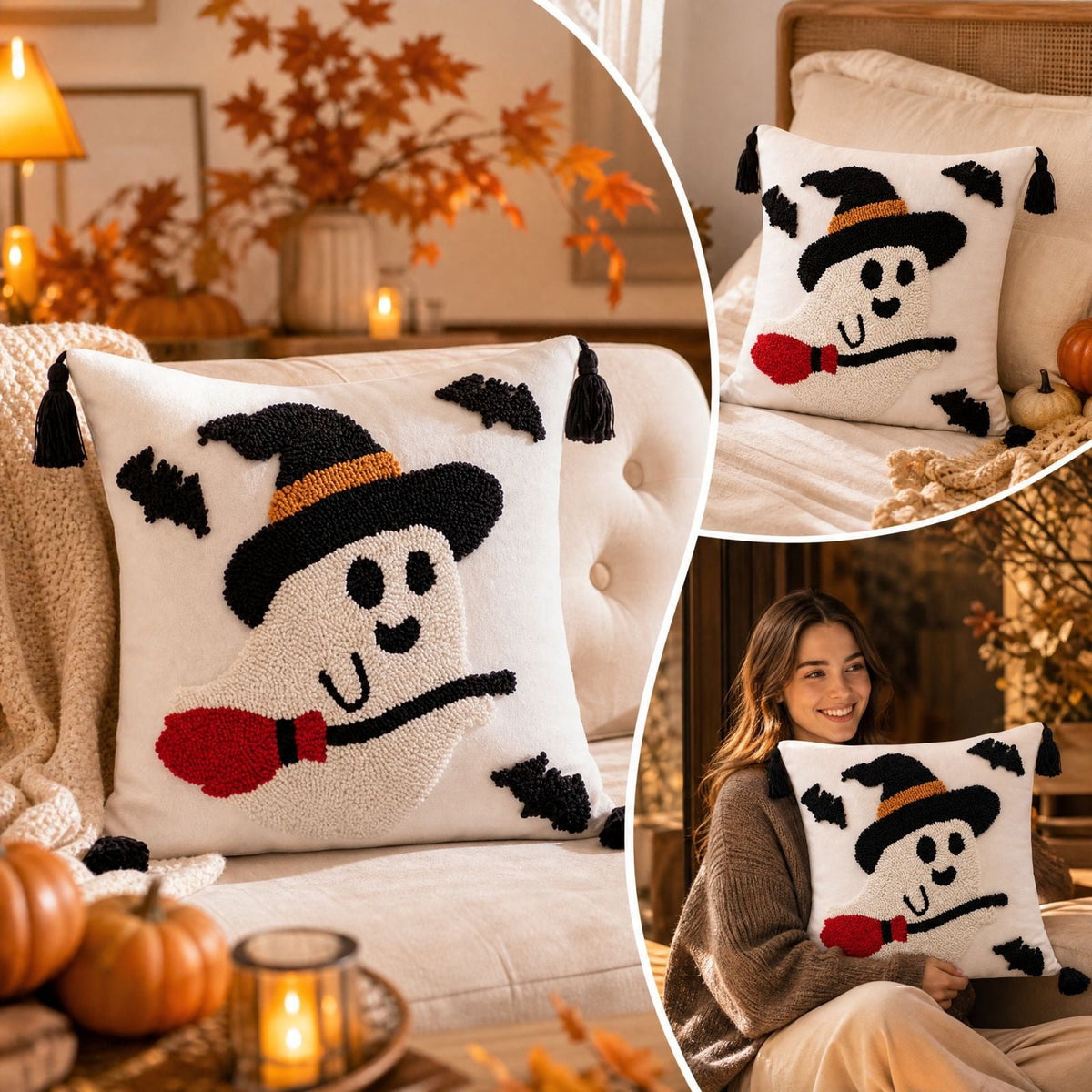 Cute Reading Ghost Plush Throw Pillow, Halloween Book & Pumpkin Bucket Ghost Stuffed Cushion, Spooky Season Decorative Pillow, for Sofa, Bedroom, Party Decor