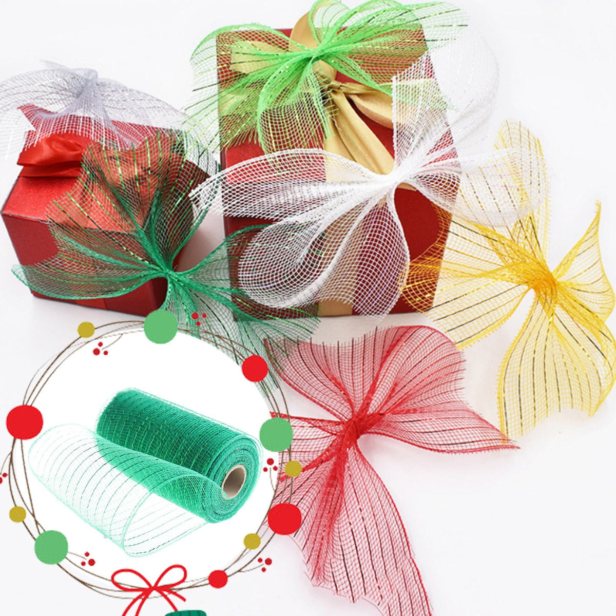 15cm x 10 Yard Poly Decorating Mesh Ribbon with Metallic Foil Each Roll for Wreaths, Swags Bows Wrapping and Decorating Projects-1 Roll