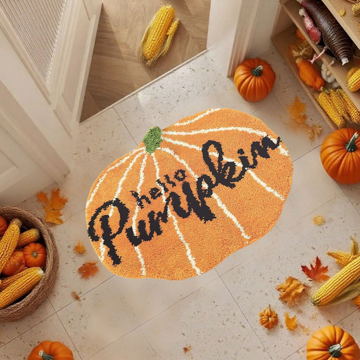 Fall Bathroom Rug Cute Pumpkin Shape Bath Mat Autumn Orange Non Slip Shower Rugs Foot Mat Front Door Mat Carpet Floor Rug for Kitchen Bedroom Living Room Family Decor