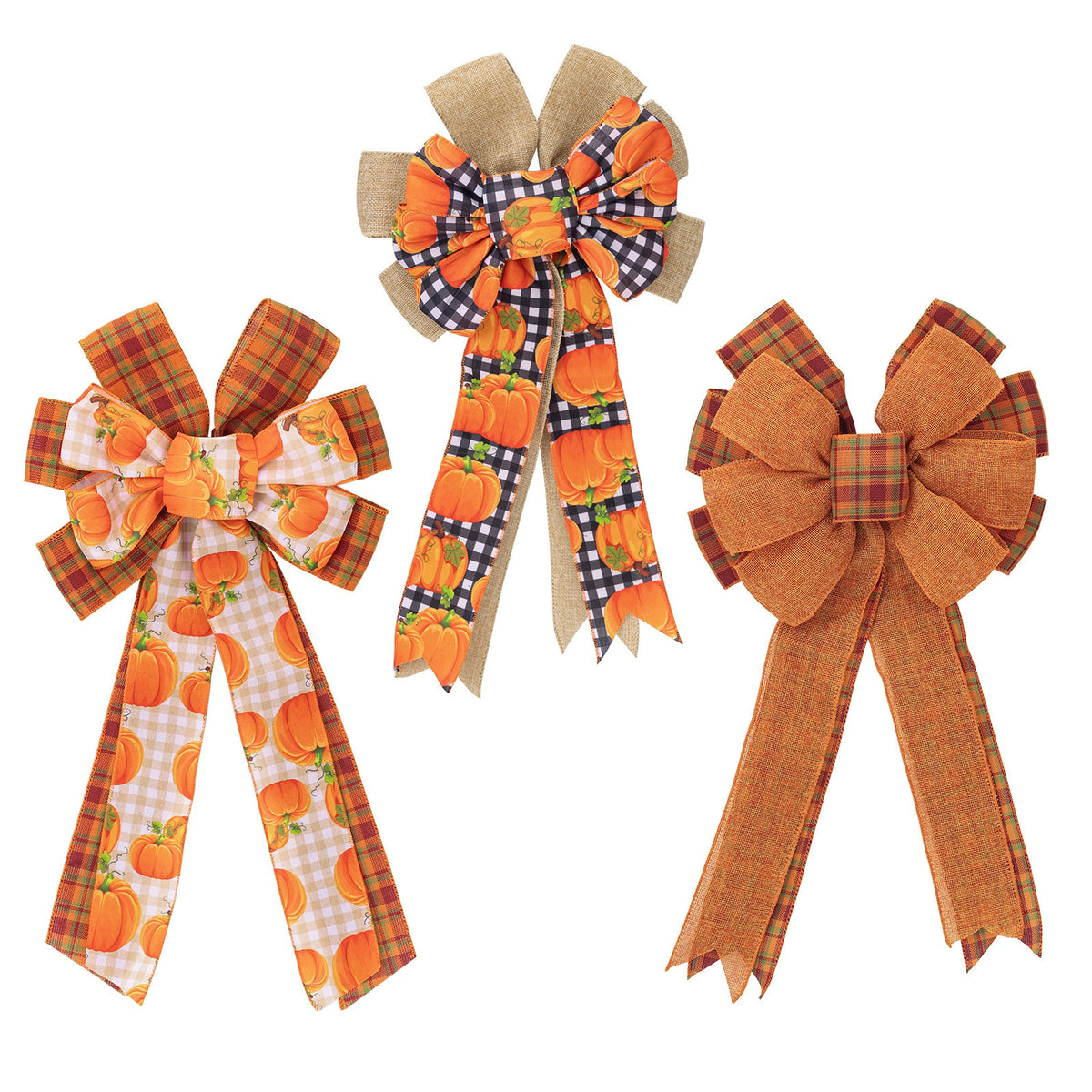 Large Thanksgiving Fall Bow For Wreaths Decorations For Home, Halloween Tree Topper Bow, Pumpkin Bow With Orange Buffalo Plaid Burlap For Front Door Wreath Home Indoor Outdoor Decor