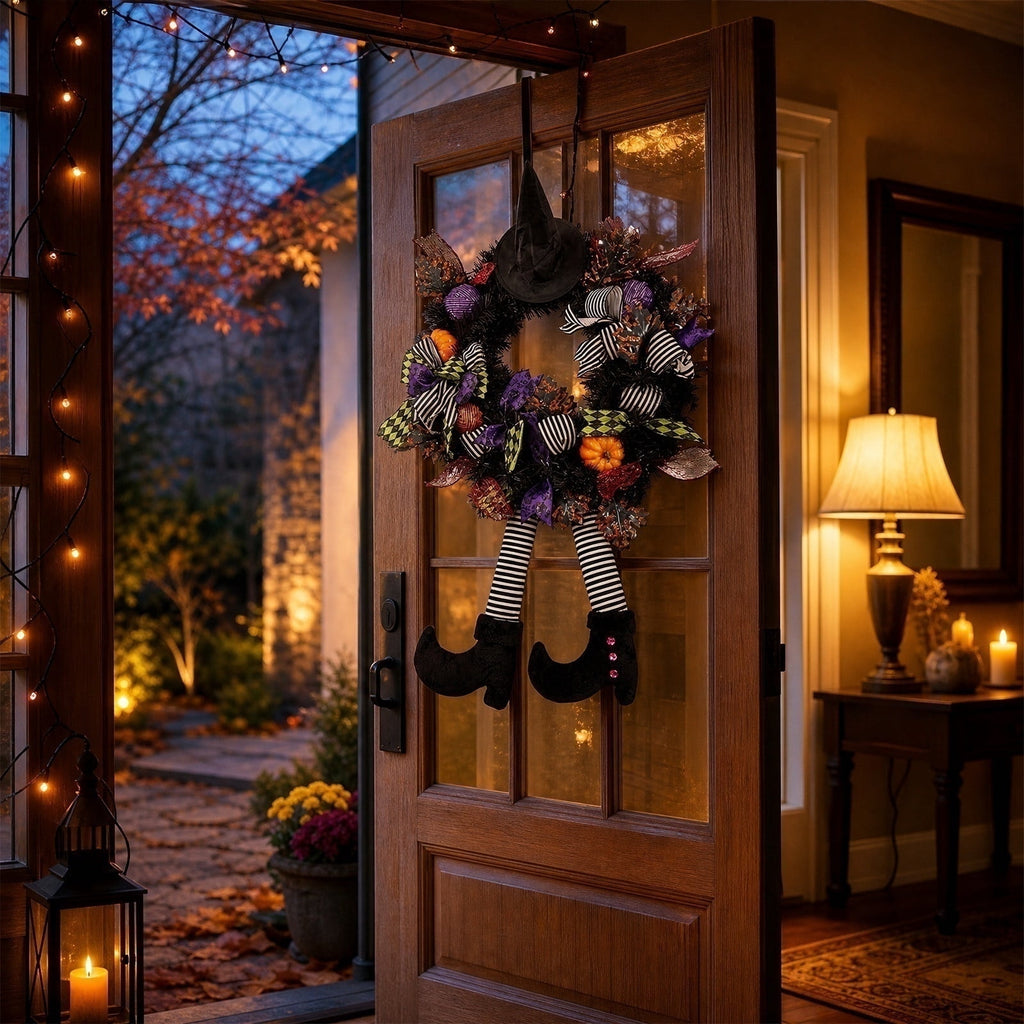 Halloween Decoration Indoor Outdoor Clearance, Halloween Witch Wreath For Front Door Decor Black Witch Hat Leg Artificial Fall Wreath With Pumpkin Bowknot Spooky Halloween Hanging Ornament