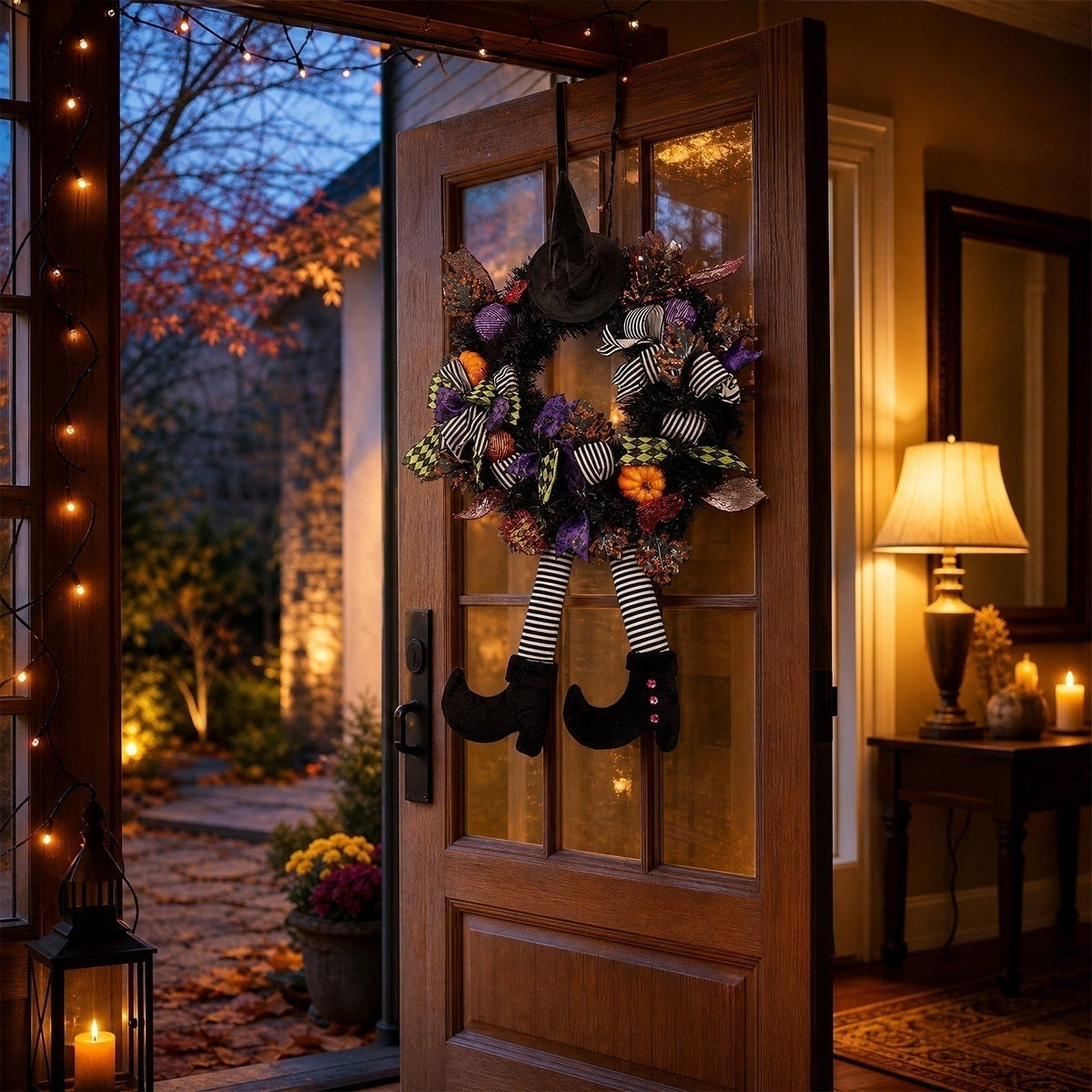 Halloween Decoration Indoor Outdoor Clearance, Halloween Witch Wreath For Front Door Decor Black Witch Hat Leg Artificial Fall Wreath With Pumpkin Bowknot Spooky Halloween Hanging Ornament