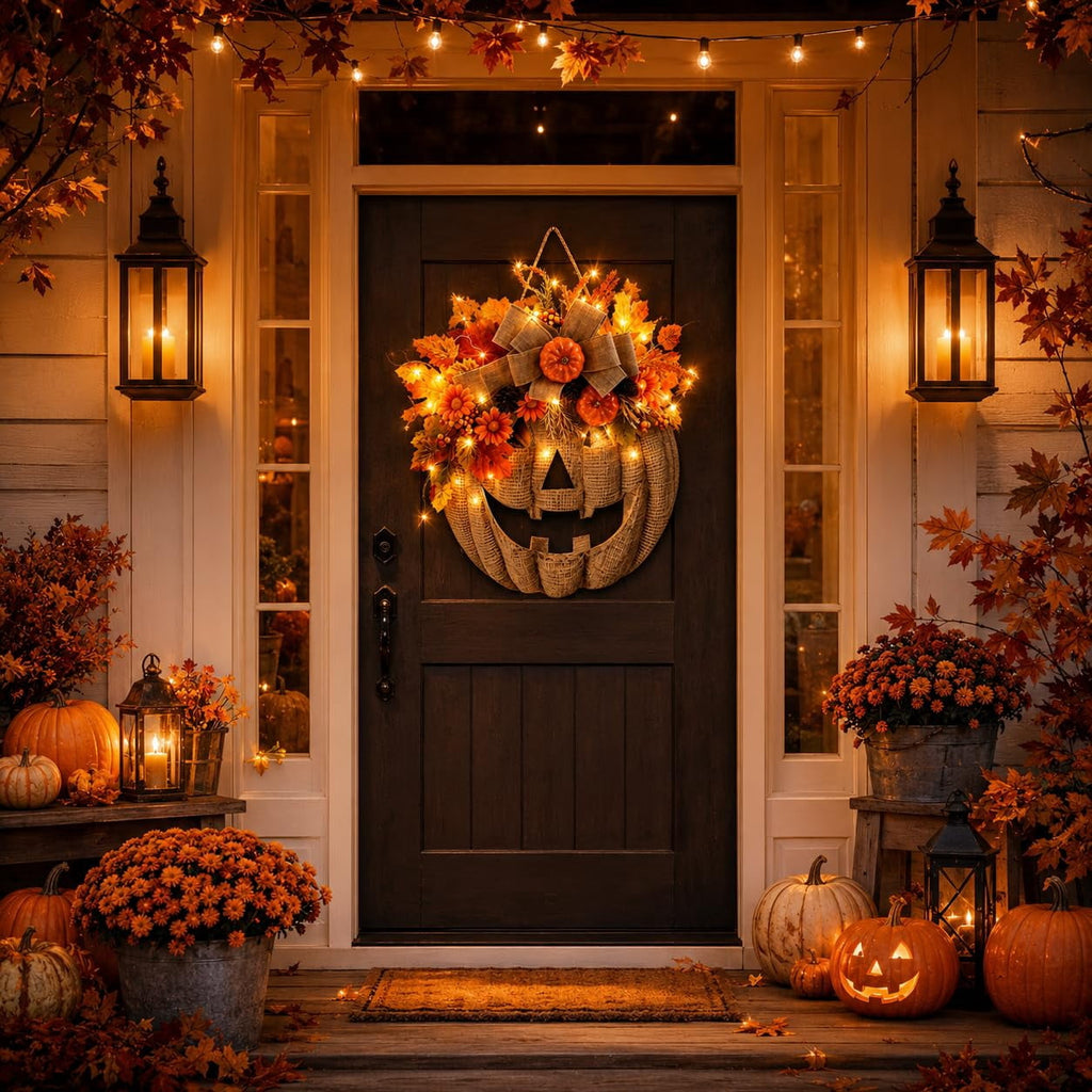 Lighted Burlap Pumpkin Wreath, 13.78-Inch LED Fall Door Decor with Wooden Pumpkin,Burlap Bow,Maple Leaves and Berries for Halloween Thanksgiving Porch