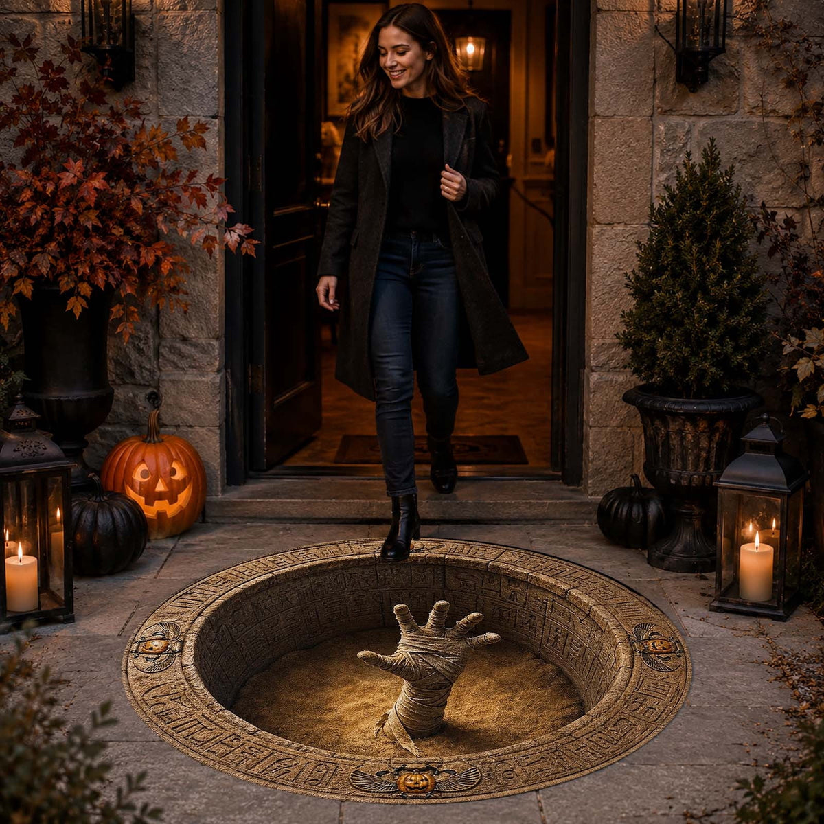 Win s Way 3D Illusion Round Halloween Rug Optical Illusion Doormat Non- Washable Entryway Decor Spooky Fall Front Door Mat for Party Decoration Available in 15.8/23.6/31.5 Inch