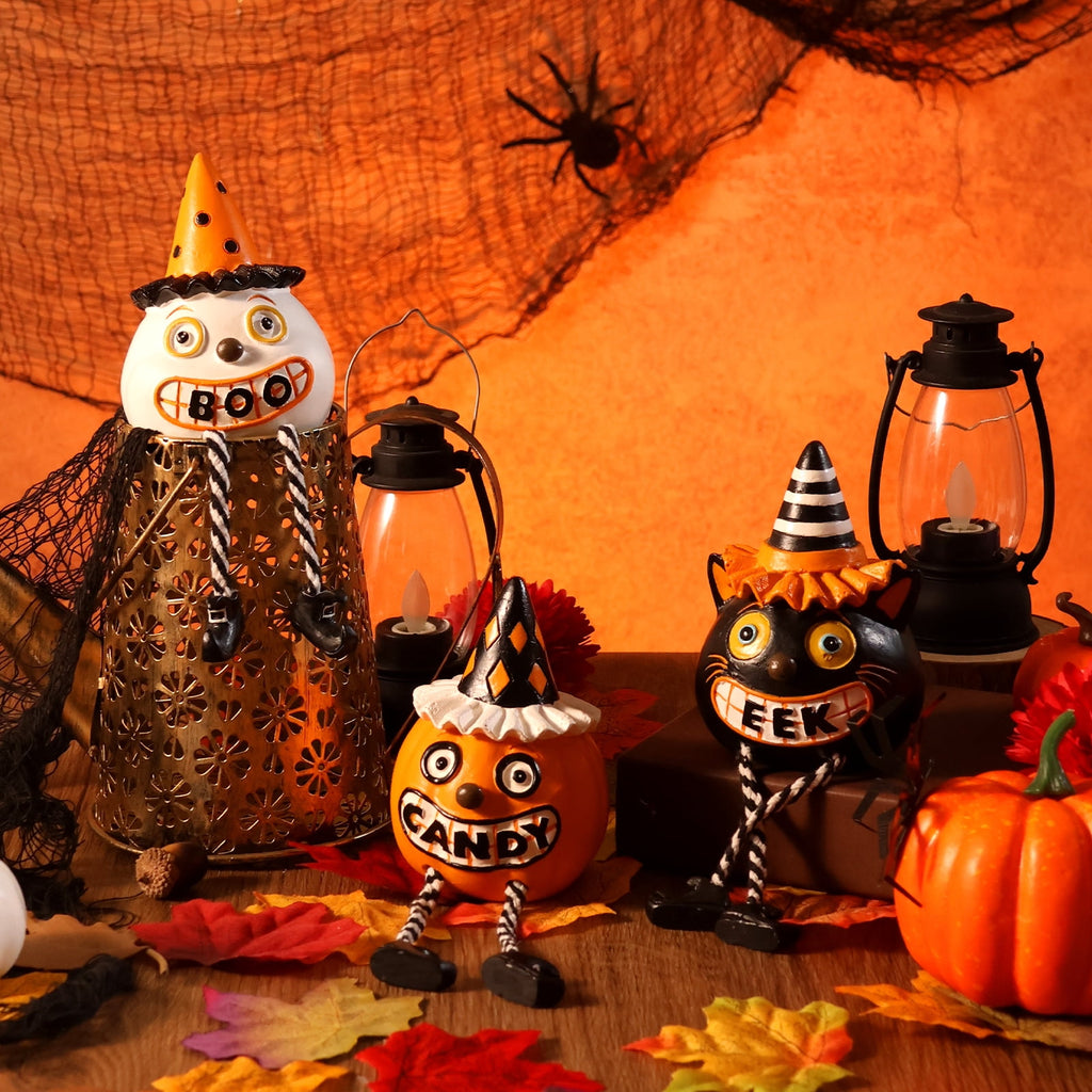 Ayieyill 2pcs Halloween Cat and Skeleton Figurines Vintage Halloween Black Cat Decor Halloween Table Decorations