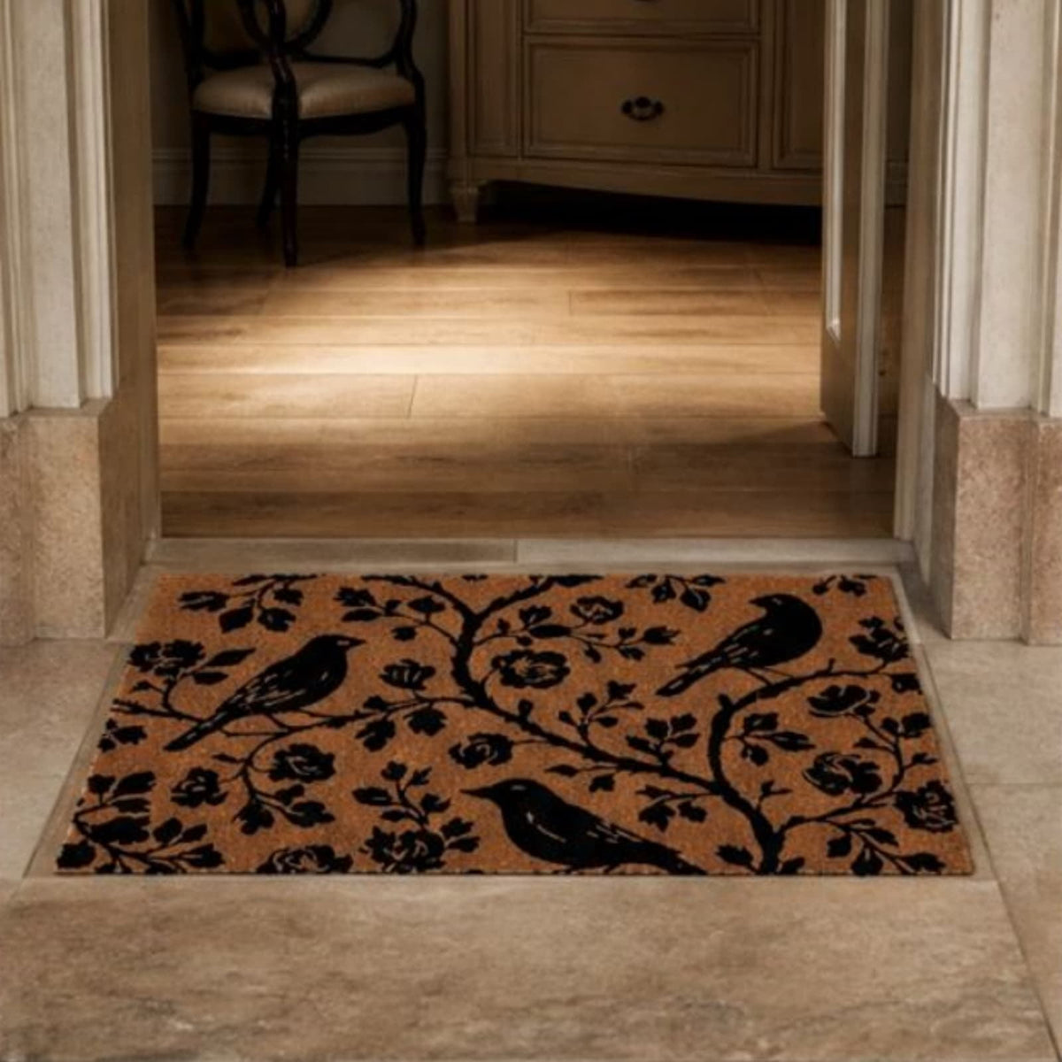 Clearance Natural/Black Floral Bird Outdoor Coir Doormat, 30" x 18"