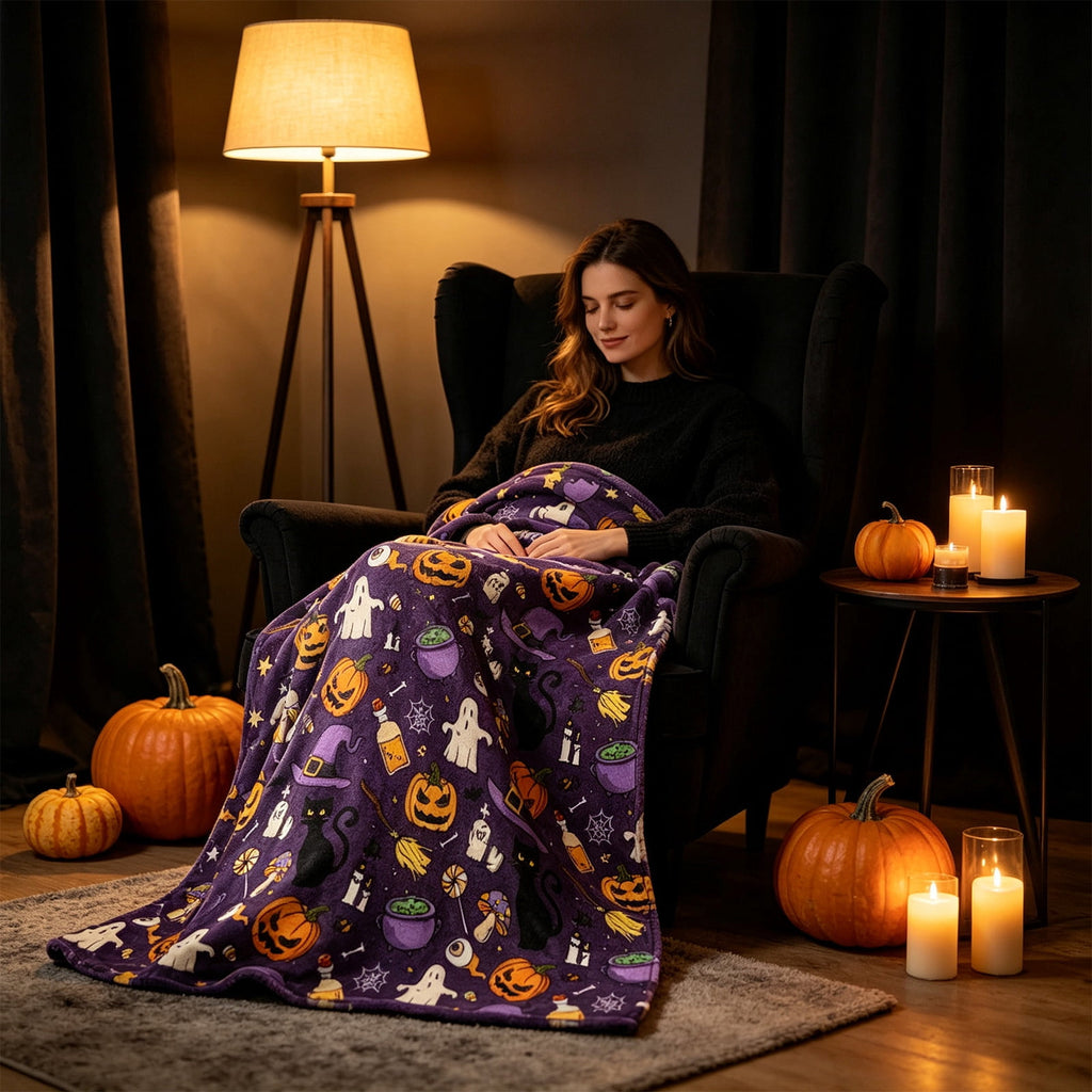 Halloween blanket,Halloween Print Throw Blanket Flannel Soft Cozy Decorative Nap Blanket with Ghost Pumpkin Skull for Office Bedroom Sofa Camping Travel(100x150cm/39x59 Inch),Black