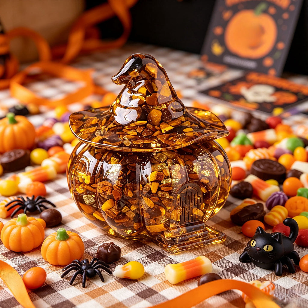 Halloween Pumpkin Candy Bowl with Lid, Decorative Plastic Treat Jar with Crushed Stone Look for Candy Serving and Seasonal Table Display, Reusable Spooky Home Accent, Home Decor, Brown