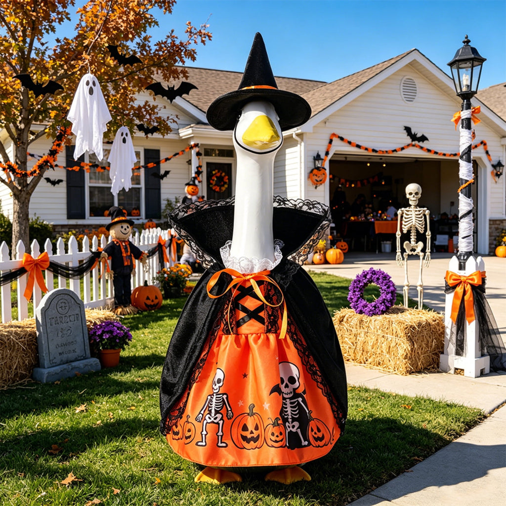 Halloween Garden Porch Decor, Porch Goose Outfits Halloween, 23 Inch Porch Goose Outfits, Witch Dress and Hat Set, Fits 23X11X26 Inch Standing Plush Goose for Front Porch Lawn