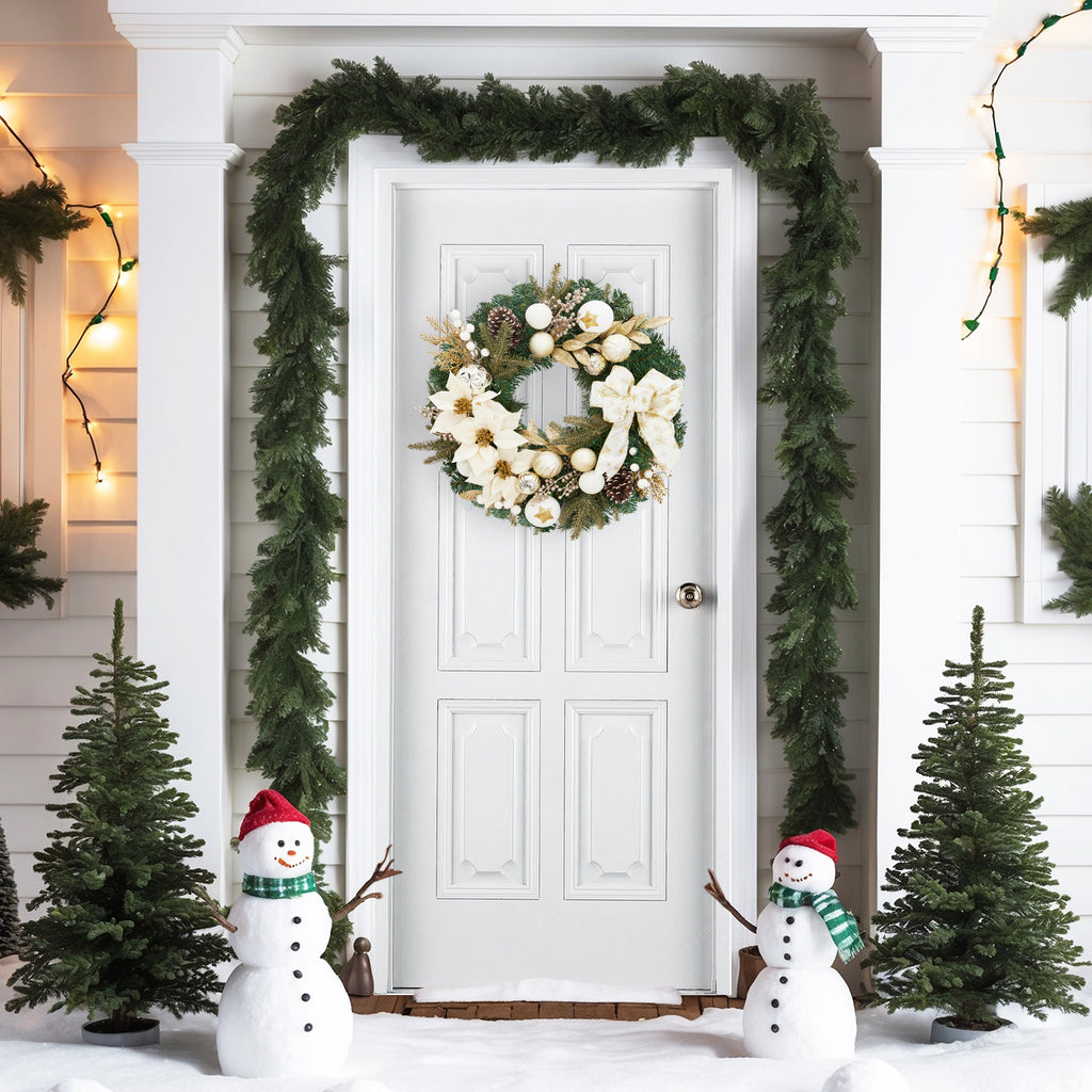 JoanKaren 24 inch Large Christmas Wreath Silver White with 20 LED Lights,Prelit Xmas Wreath w/ Ball Ornaments Pine Cone
