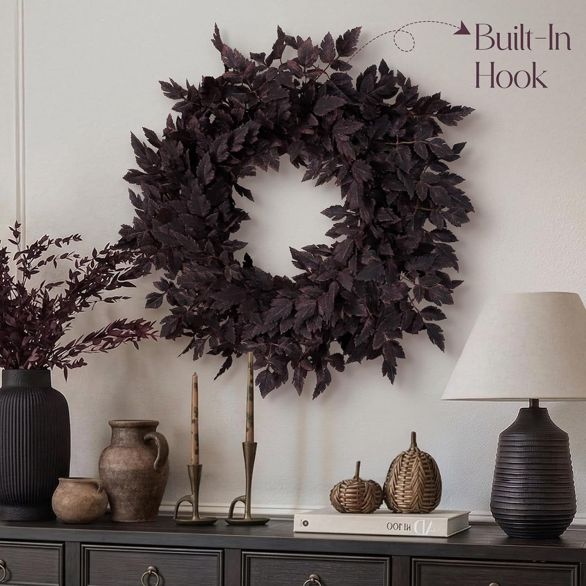 Fall Decor - Fall Wreaths for Front Door, 24" Plum Cimicifuga Leaves Artificial Wreath, Autumn Harvest Halloween Decorations for Home Mantle Window Wall Kitchen Indoor & Outdoor