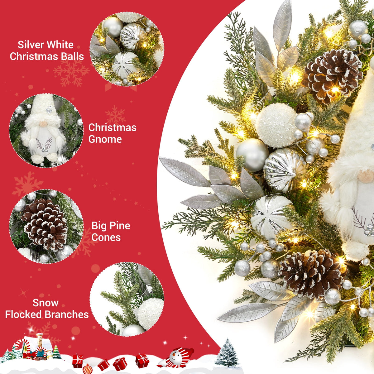 JoanKaren 24 inch Large Christmas Wreath Silver White with 20 LED Lights,Prelit Xmas Wreath w/ Ball Ornaments Pine Cone