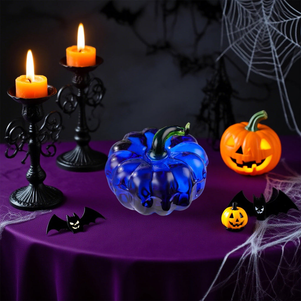 Fall Decor Mini Blue Hand Blown Glass Pumpkin Figurine Transparent Crystal Pumpkin with Green Stem Art Glass Fruit Tabletop Decor for Home Office Shelf Thanksgiving Halloween Gift