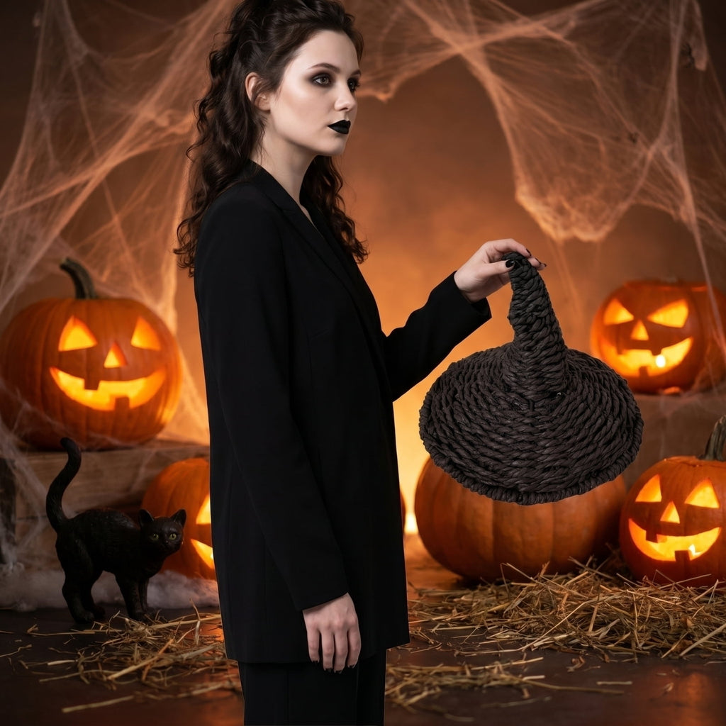 THOPBPRK 2026 Black Halloween Woven Pumpkin Jack-O'-Lantern, Halloween Decorations Pumpkin, USE LED Candle, Rattan Fall Halloween Decor for Home, 1Pack 11.8 Inch A