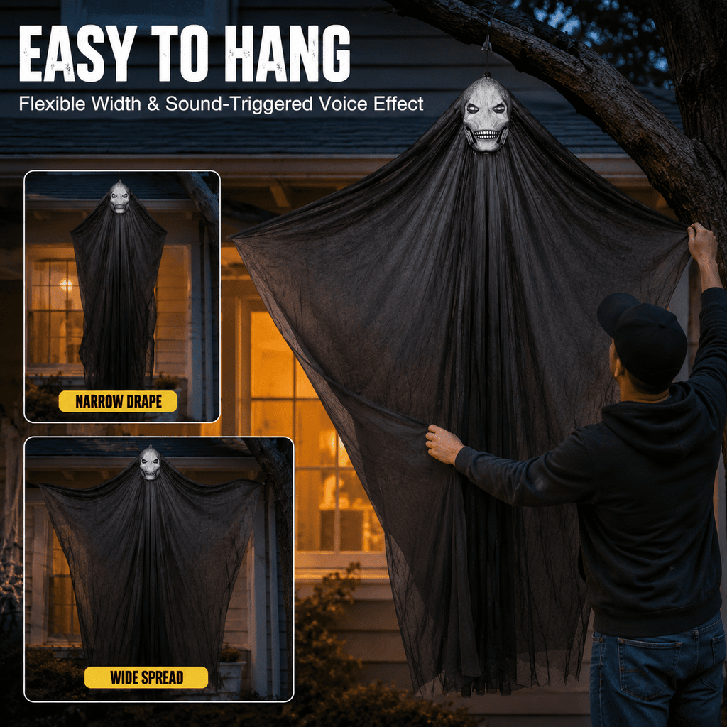 Diceymbol Halloween Decorations Outdoor, 10.83 ft Large Sound Activated Light up Skull Ghost Prop with Extra Long Black Gauze for Porch Entryway Tree Yard Party Decor