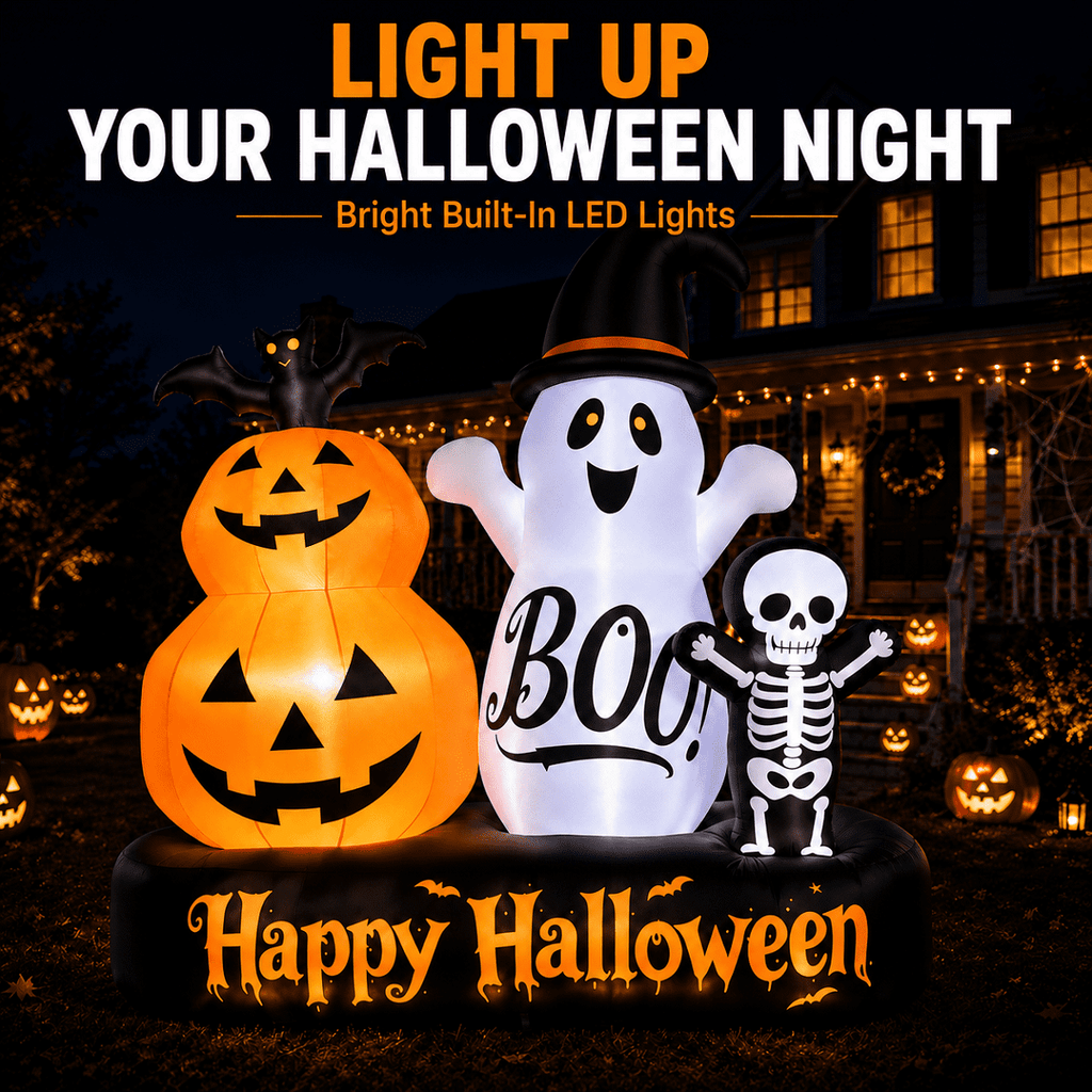 6ft Halloween Inflatable Outdoor Decorations, Lighted Pumpkin Ghost Skeleton with Bat, Built-in LED Lights, Blow Up Halloween Yard Decoration for Lawn, Porch & Party