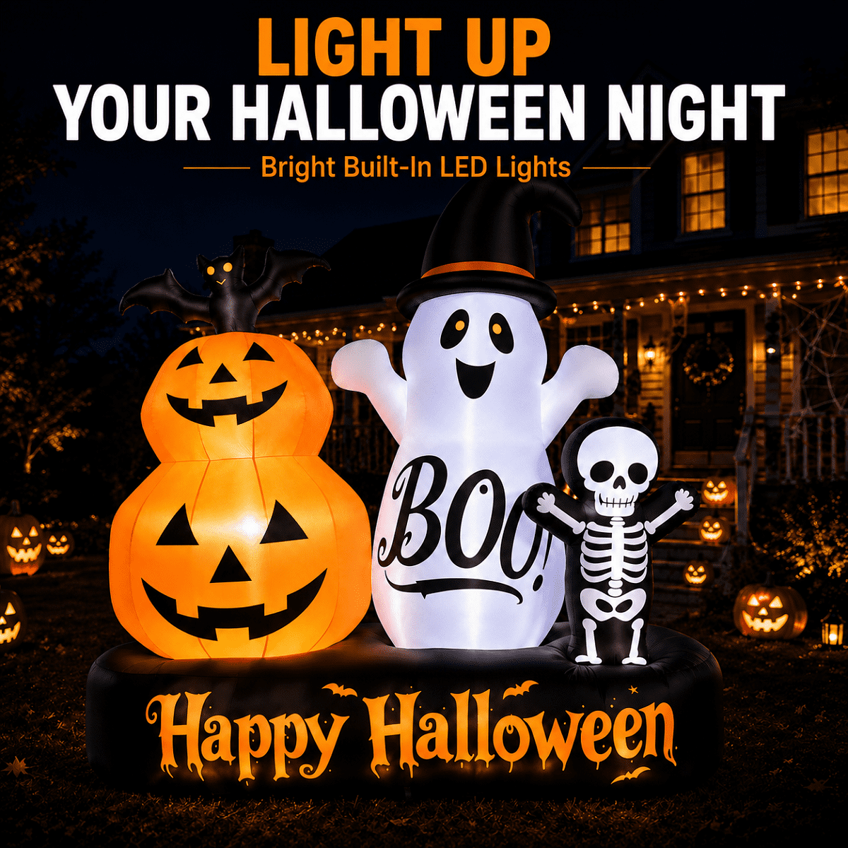 6ft Halloween Inflatable Outdoor Decorations, Lighted Pumpkin Ghost Skeleton with Bat, Built-in LED Lights, Blow Up Halloween Yard Decoration for Lawn, Porch & Party