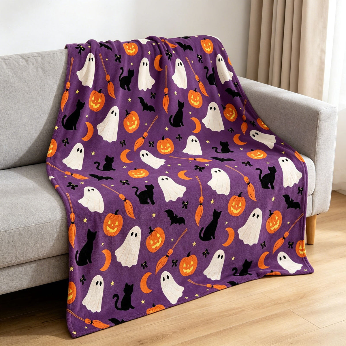 Halloween blanket,Halloween Print Throw Blanket Flannel Soft Cozy Decorative Nap Blanket with Ghost Pumpkin Skull for Office Bedroom Sofa Camping Travel(100x150cm/39x59 Inch),Black