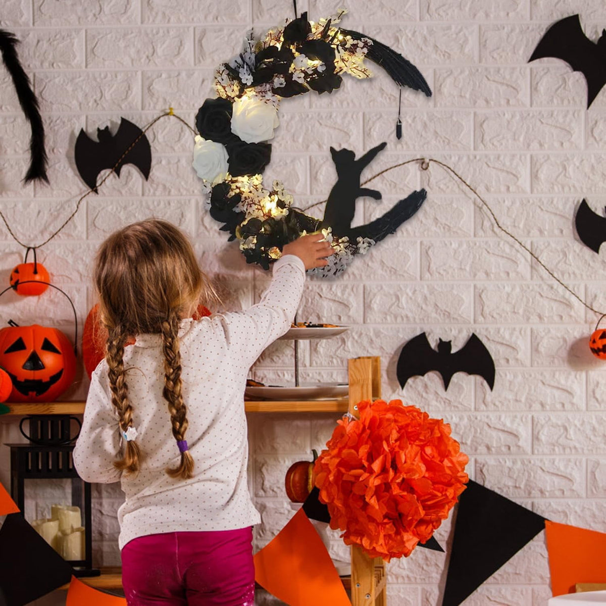 Halloween Moon Wreaths for Front Door, Black Cat on Moon Wreath Halloween Decor, Spooky Halloween Decorations Crescent Moon Wreath for Home Party Window Wall Indoor Outdoor