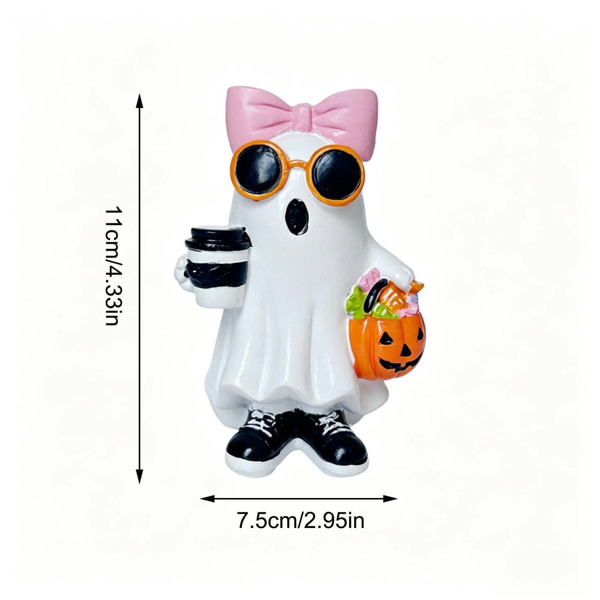 Halloween Ghost Figurine, Ghost Girl with Pink Bow & Hot Drink, Funny Ghost Statue Halloween Decor for Gift, Cute Spooky Tabletop Ornament for Home, Mantle, Desk & Party Decoration