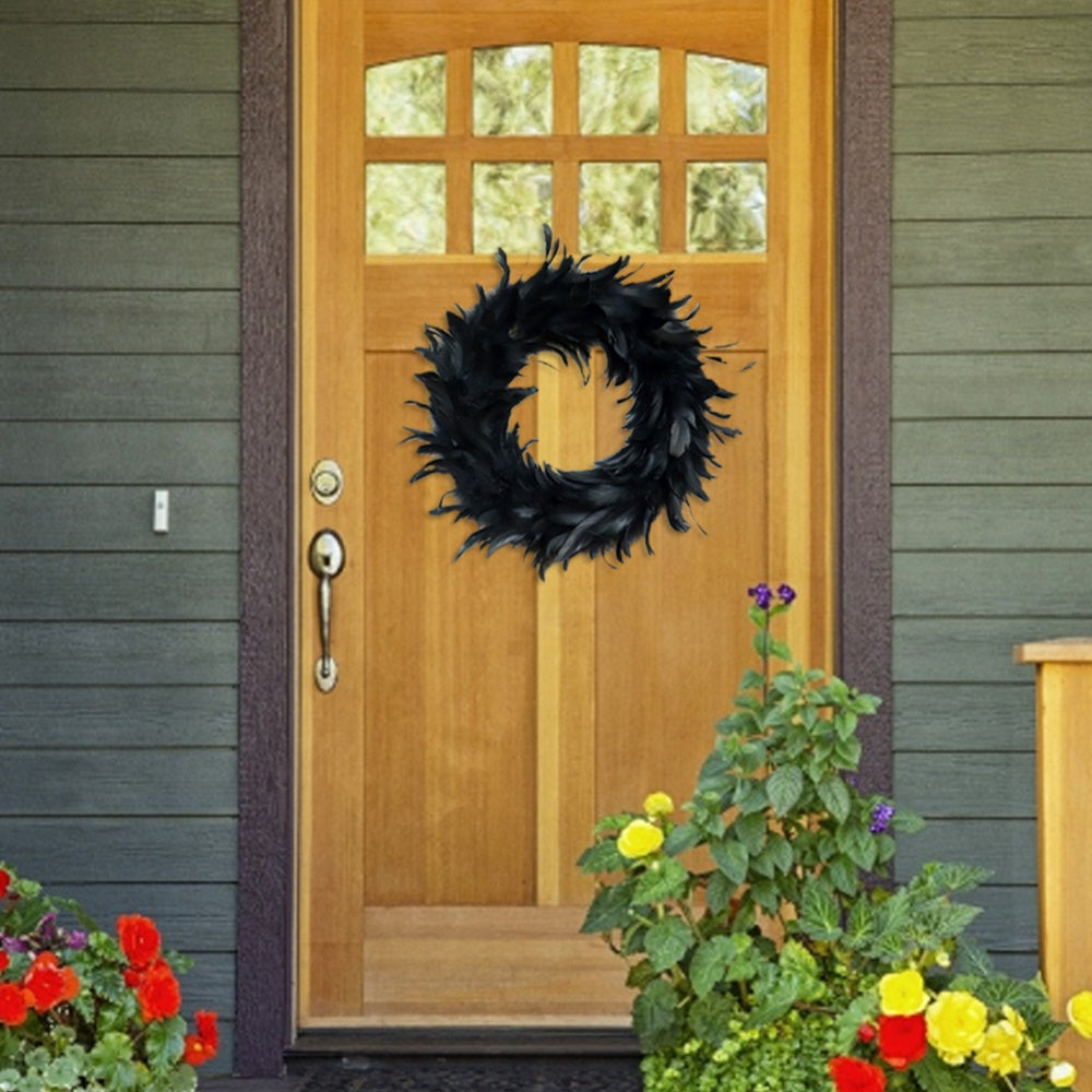 16" Black Feather Wreath Halloween Wreath Handmade Black Wreath for Front Door Porch Mantel Fireplace Window Wall Indoor Outdoor Halloween Christmas Winter Birthday Decoration