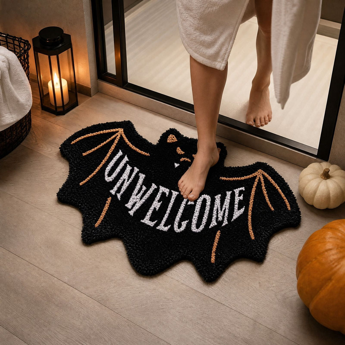 Gothic Halloween Bat Shaped Bath Mat, 23.6 x 15.7 in Unwelcome Pattern, Thick Decorative Entryway Floor Rug