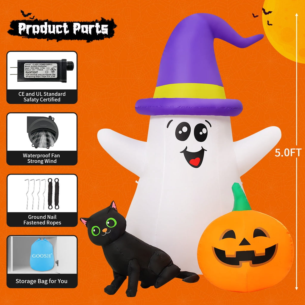 GOOSH Halloween Inflatables 5 FT Inflatable Ghost with Built-in LEDs, Ghost Blow up Halloween Ghost Inflatables with Black Cat Pumpkin, Outdoor Halloween Decorations for Holiday Party Indoor Outdoor