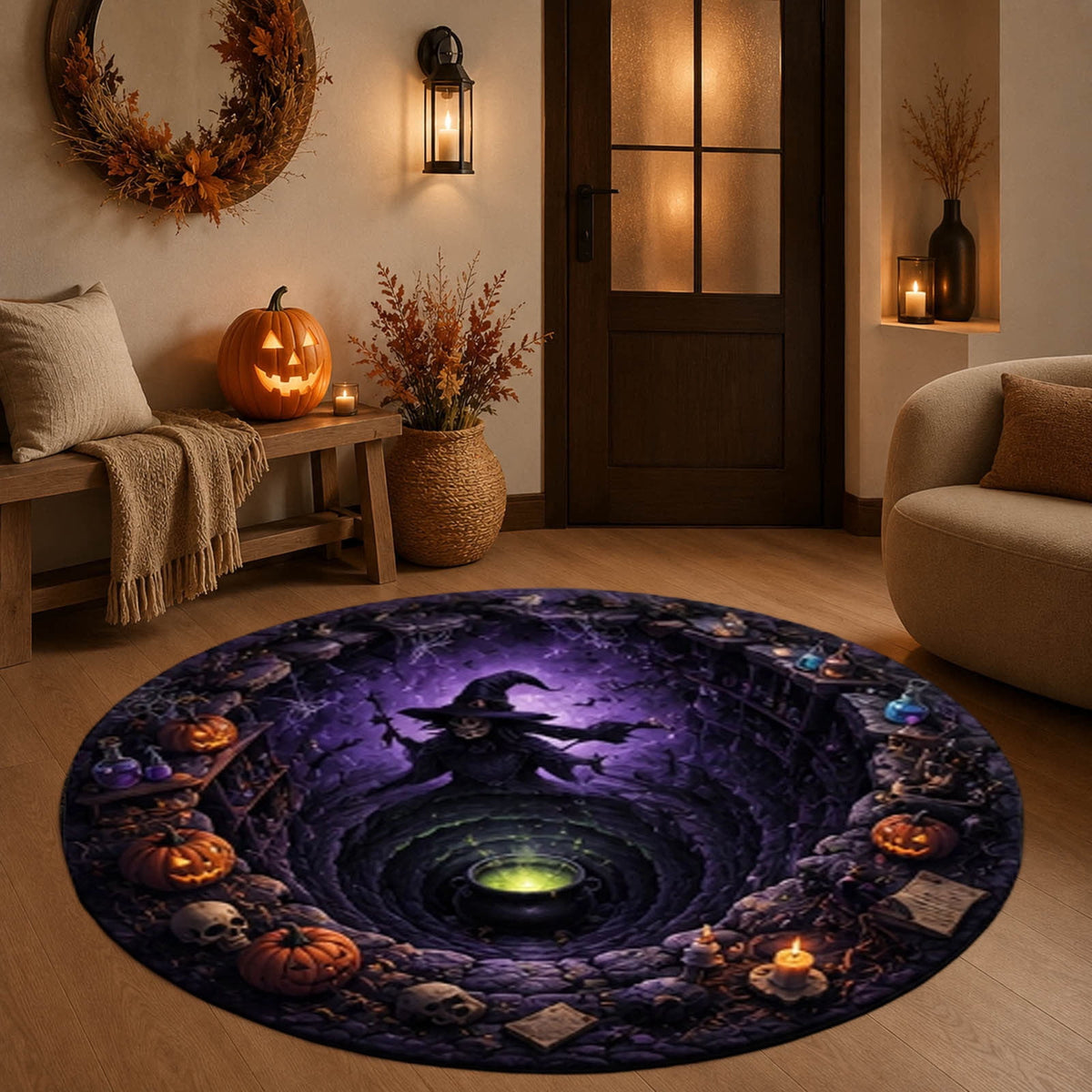 Win s Way 3D Illusion Round Halloween Rug Optical Illusion Doormat Non- Washable Entryway Decor Spooky Fall Front Door Mat for Party Decoration Available in 15.8/23.6/31.5 Inch