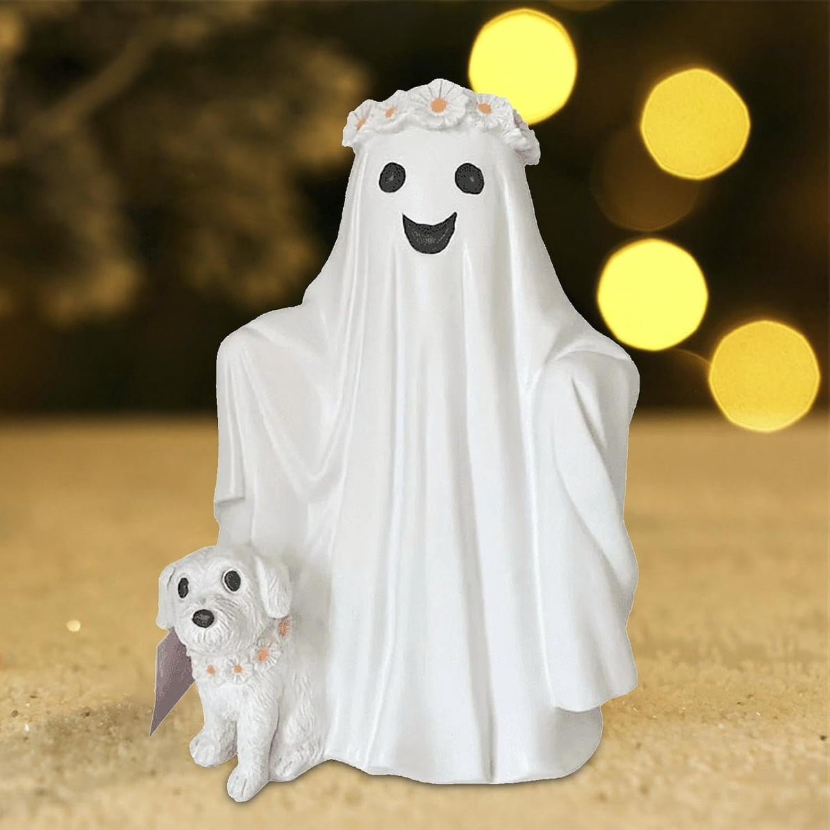 Halloween Ghost Figurine, Ghost Girl with Pink Bow & Hot Drink, Funny Ghost Statue Halloween Decor for Gift, Cute Spooky Tabletop Ornament for Home, Mantle, Desk & Party Decoration