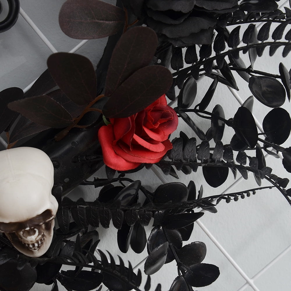 ASKETAM Halloween Wreath 19" , Skull & Red Rose, Adjustable, For Doors & Walls