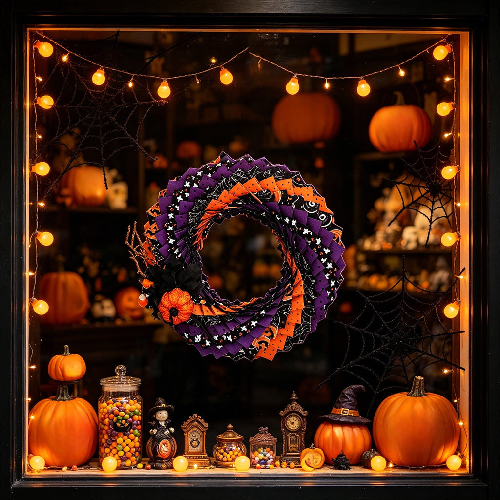 Halloween Wreath 16 Inch, Spooky Fabric Front Door Wreath with Pumpkin & Ghost, Orange Purple Black Fall Porch & Wall Decor