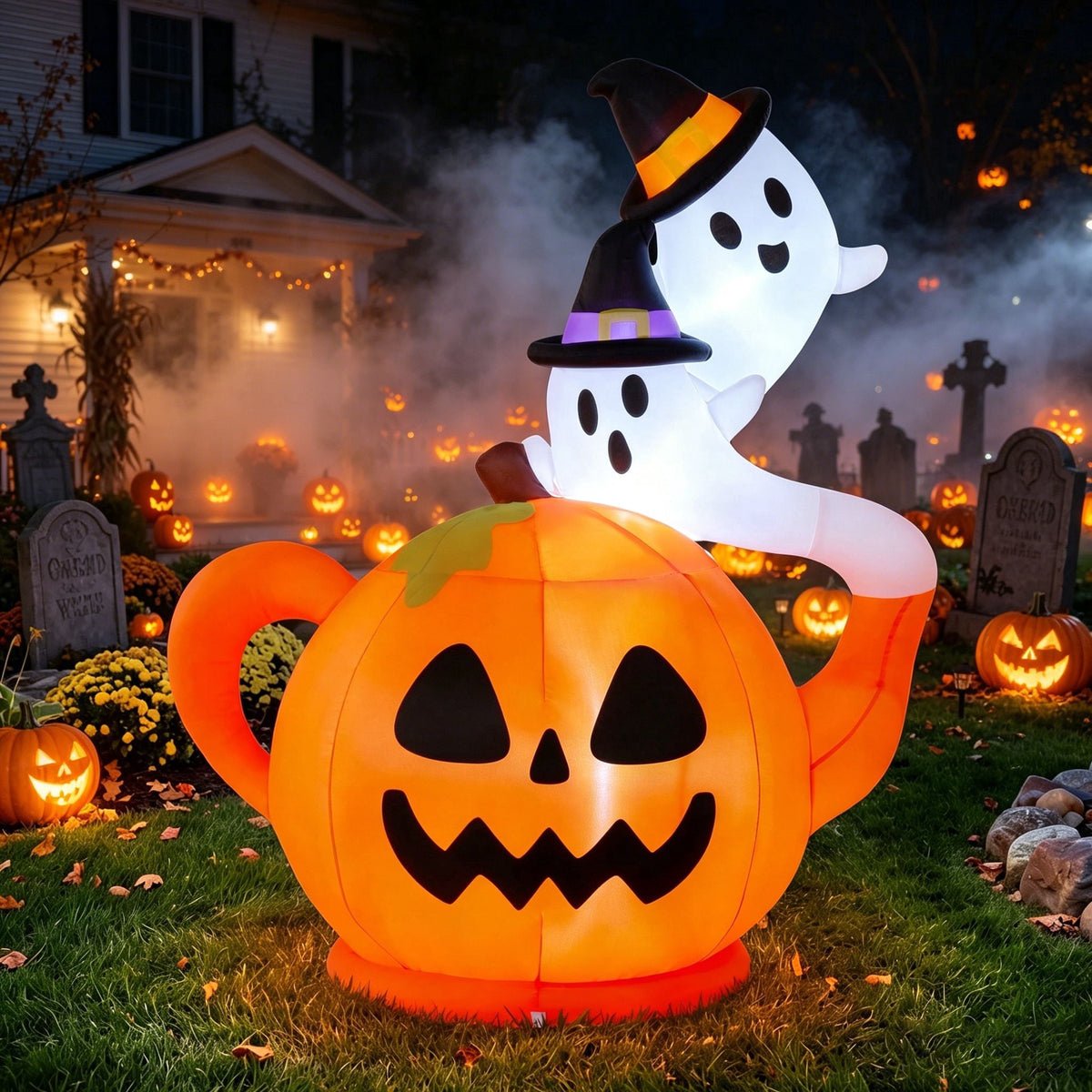 Joyfy 5ft Halloween Inflatables Light up Cute Ghost,Blow Up Ghost Lift Pumpkin Candy Bag with Build-in LEDs for Yard Decorations