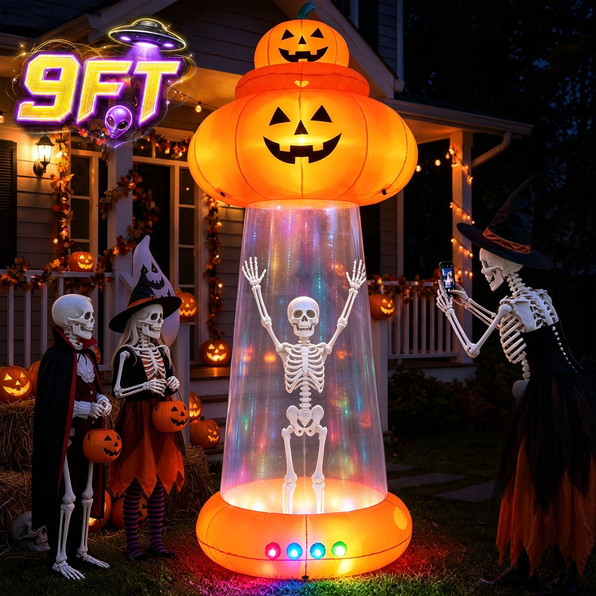 BSHAPPLUS® 9ft Halloween Inflatable Decorations,Blow up Yard Decor with Auto-Scaling Ghost in Pumpkin, Witch, Tombstone,Black Cat,Built-in LED,IP44 Waterproof for Outdoor Lawn Garden Party