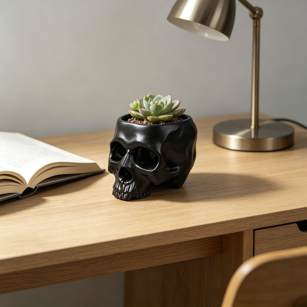 AuroraX Halloween Skeleton Head Plantser Halloween Resin Skull Flower Pot Indoor Spooky Cactus Candy Halloween Desk Decoration Black