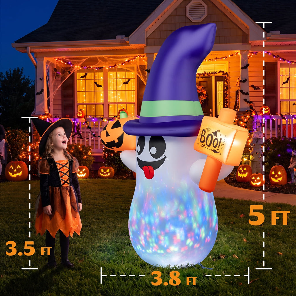 5ft Halloween Inflatable Ghost with Rotating Colorful LED Lights, Blow Up Ghost with Pumpkin & Boo Sign, Outdoor Halloween Yard Decoration for Lawn, Porch, Front Yard