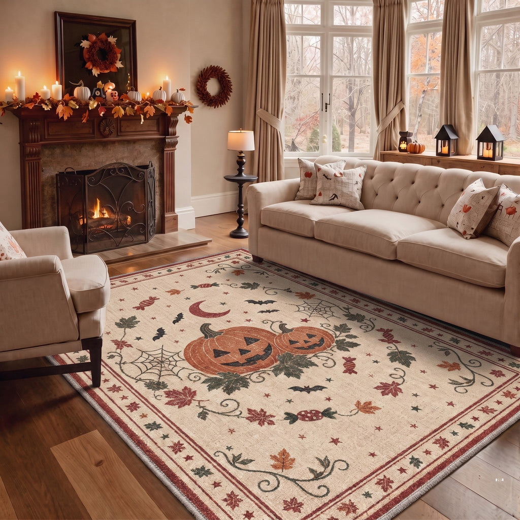 KUETH 3'x5' Halloween Machine Washable Area Rug, Non-Slip Rugs for Living Room, Bedroom and Dining Room, Orange
