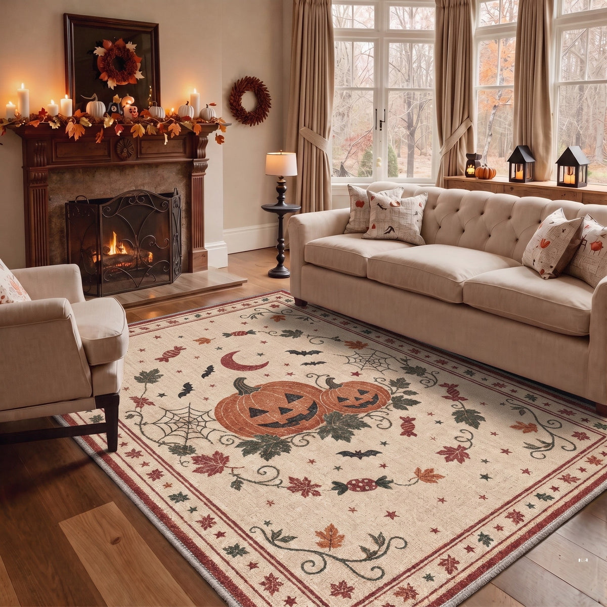 KUETH 3'x5' Halloween Machine Washable Area Rug, Non-Slip Rugs for Living Room, Bedroom and Dining Room, Orange