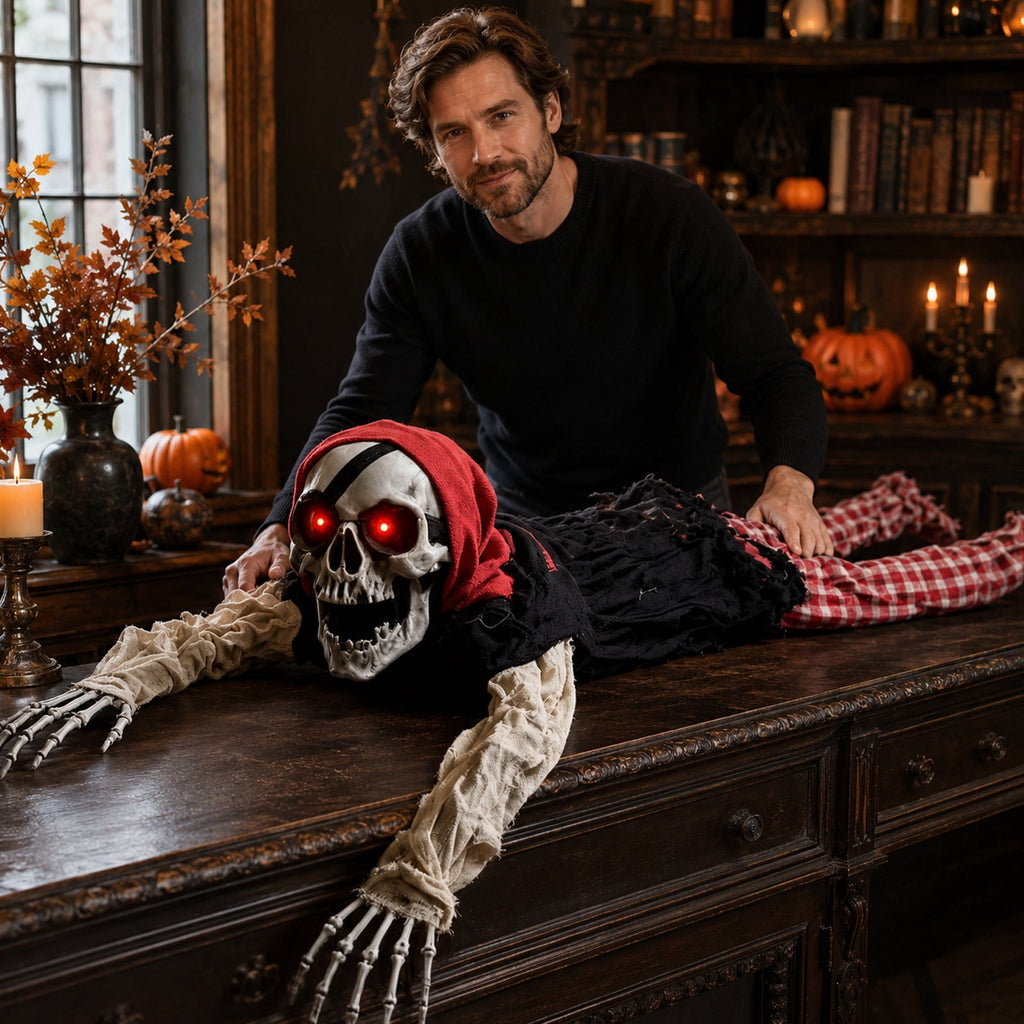 QLUEWX Halloween Skeleton Decoration with Lights and Sounds, Motion Activated Crawling Pirate Skeleton Prop, Indoor Outdoor Hanging Decor for House Yard Haunted House Halloween Party