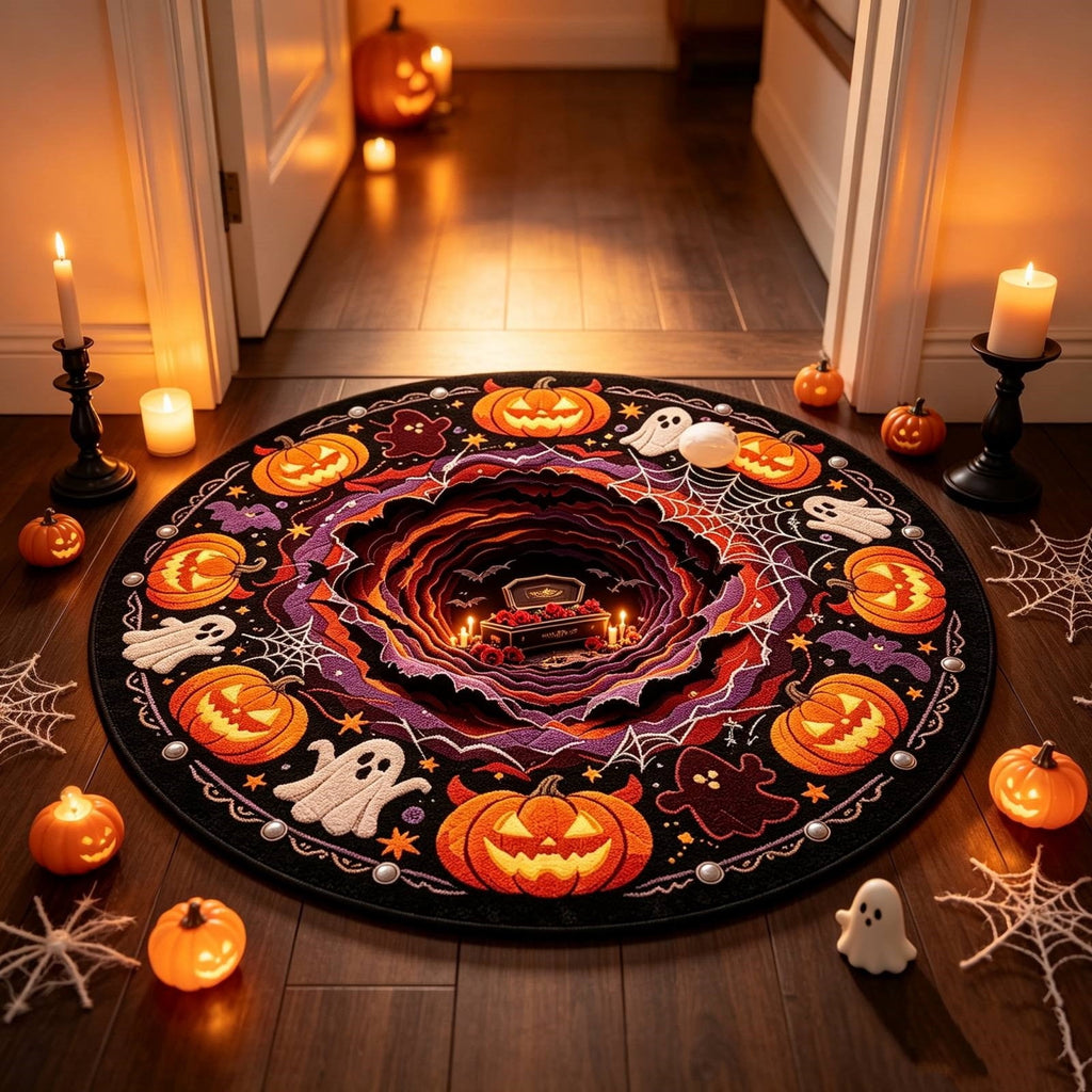 Halloween Round Rug Optical Ghost Pumpkin Mat 15.75in Diameter Polyester Skidproof & Soft for Entryway Bedroom Party by MPOISVA
