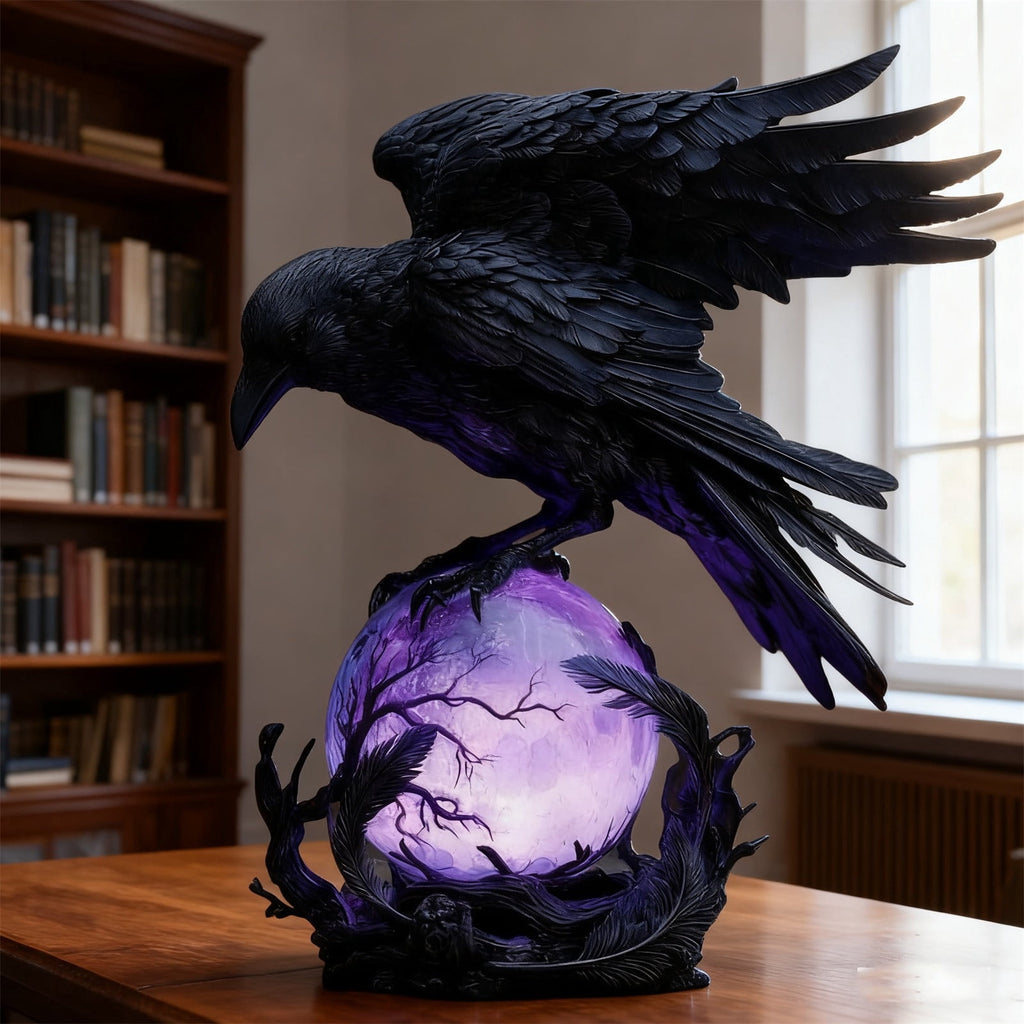 Gothic Mysterious Raven Lamp Light Sculpture, Resin Halloween Moonlight Luminous Crow Bird Led for Home Decor Gift, Bedroom Bedside, Living Room