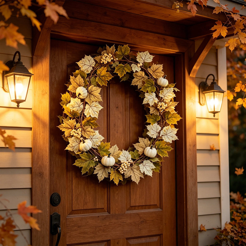 Chmadoxn 78.74" Halloween Thanksgiving Maple Leaf Garland with Mini Pumpkins & Berries, Artificial Fall Leaves Vine for Mantel Staircase Porch, Autumn Harvest Hanging Home Decor