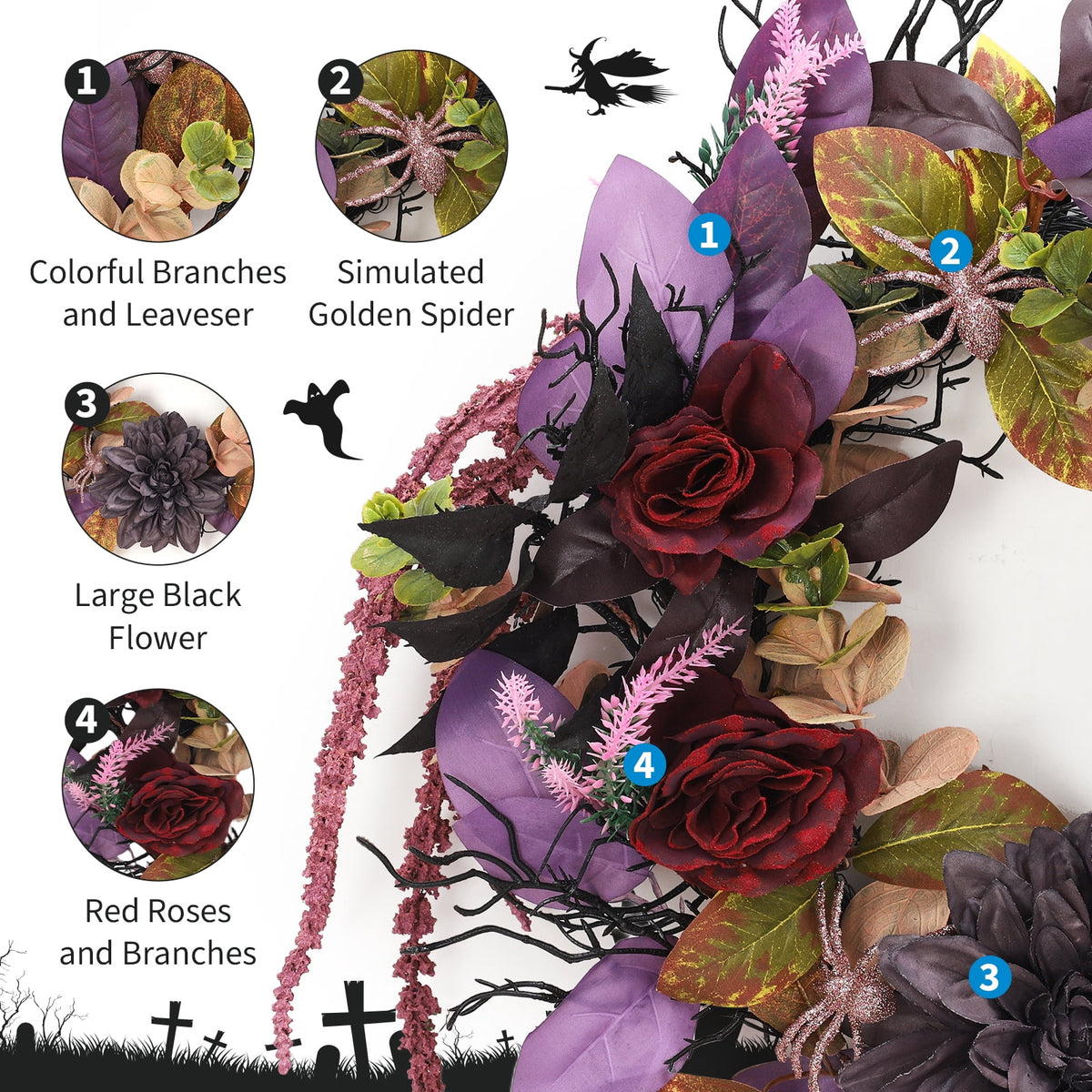 Halloween Wreath, Halloween Decorations Prelit Front Door Wreath for Indoor Wall Window Decor（18/20/22 Inch）