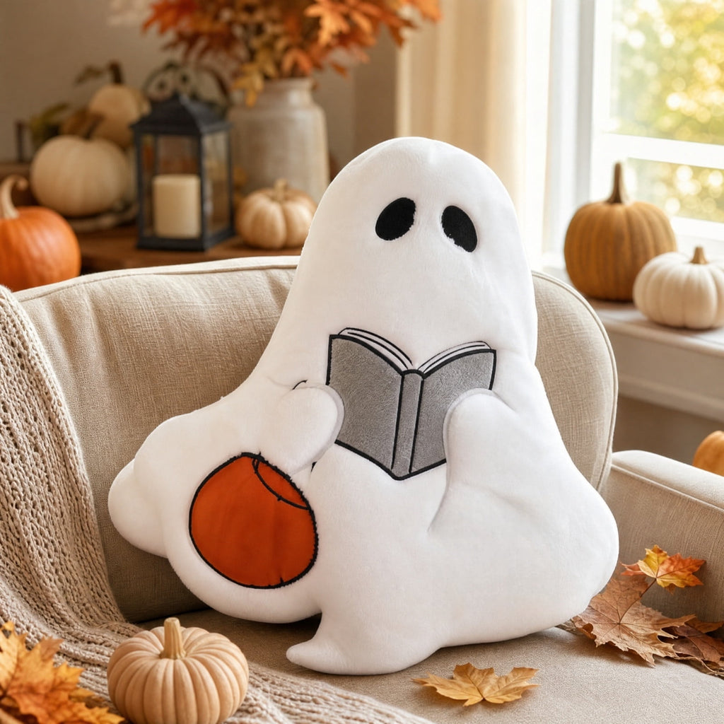 Cute Reading Ghost Plush Throw Pillow, Halloween Book & Pumpkin Bucket Ghost Stuffed Cushion, Spooky Season Decorative Pillow, for Sofa, Bedroom, Party Decor