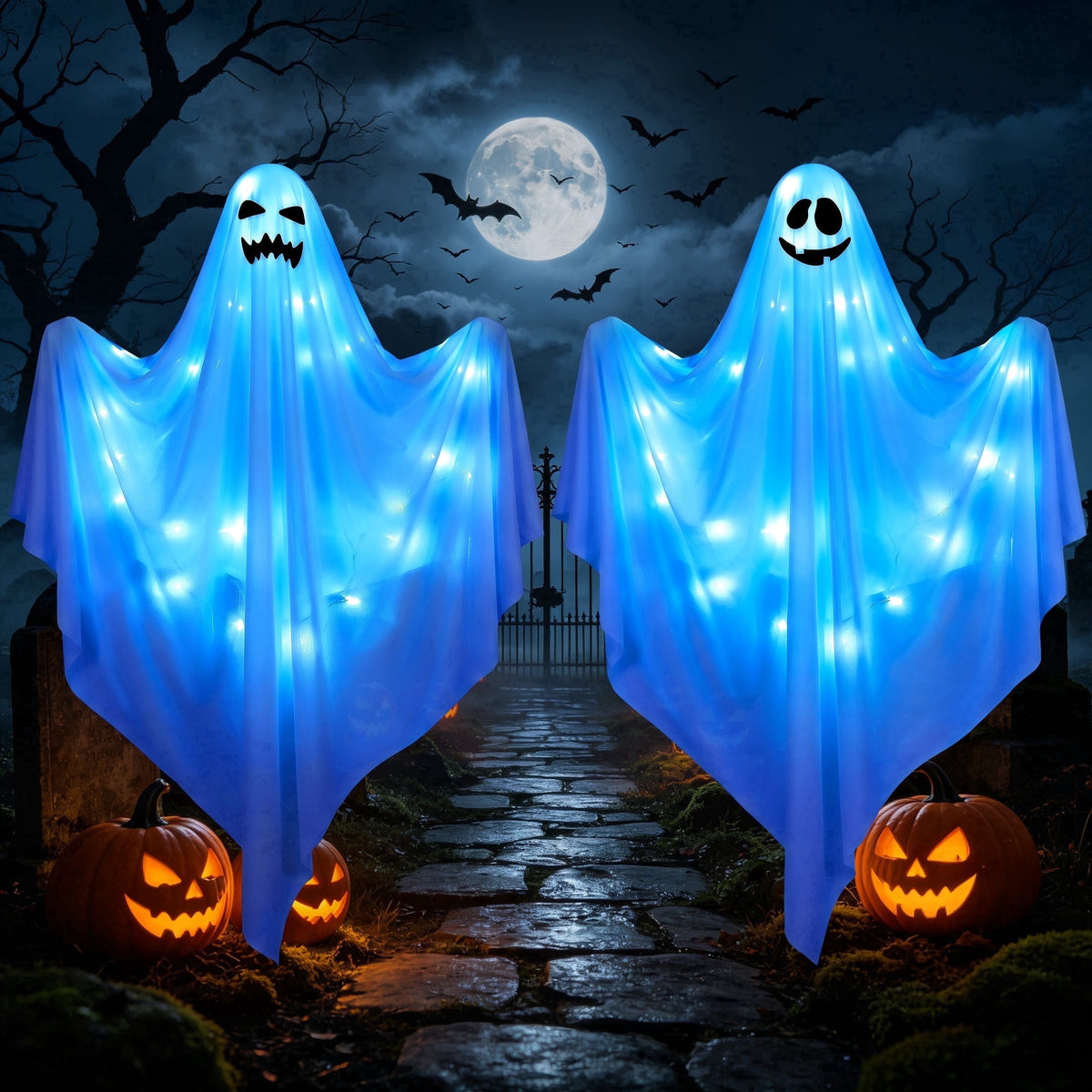 Scidweet Halloween Ghost Decor, 2 Pack 48" Light up Hanging Halloween Ghosts Blue LED Light Yard Garden Porch Outdoor Decorations