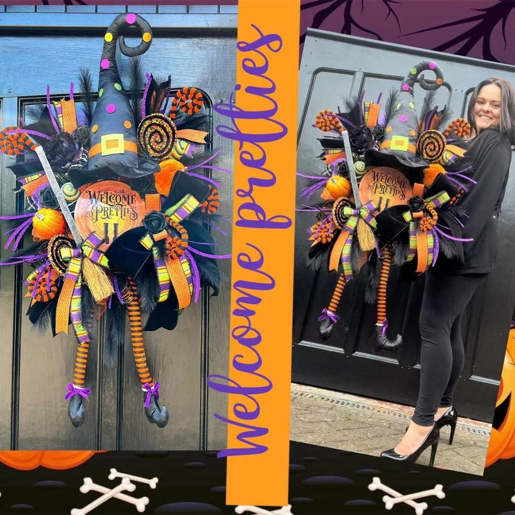 Large Halloween Witch Front Door Wreath, 23.6" Handmade Black Deco Mesh Decor Wreath