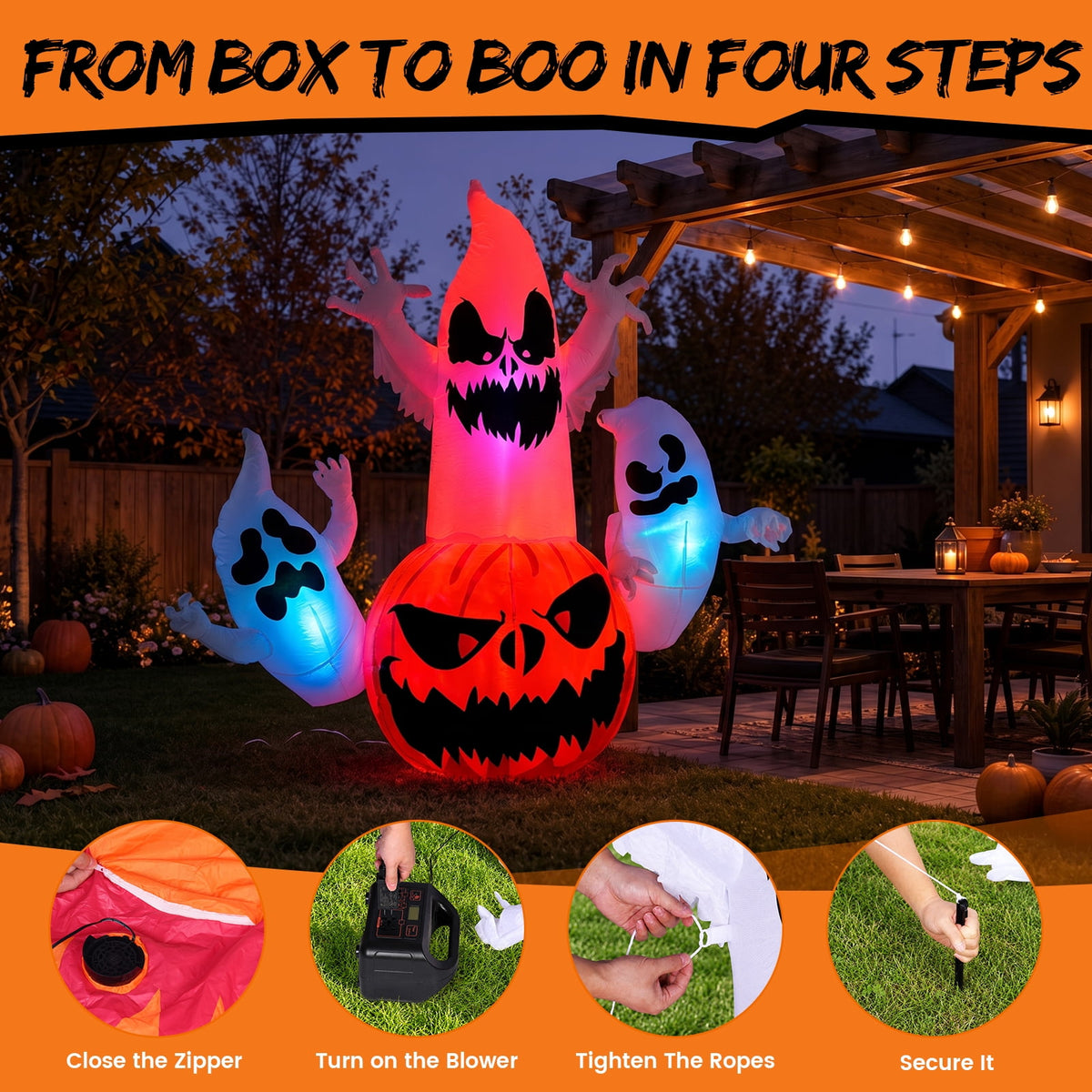 6FT Halloween Inflatable Ghost Pumpkin Decorations with LED Lights, 3 Ghosts Inflatable Yard Decorations for Outdoor Lawn Garden Porch Indoor Party Decorations