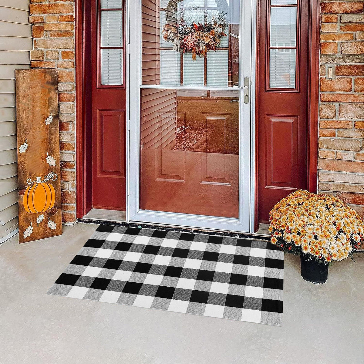 Fall Plaid Mat, 16*24" Autumn Front Door Decor Mat, Cotton Washable Hand-Woven Door Mat for Layered Doormat, Autumn Halloween Thanksgiving Carpet for Porch, Entryway
