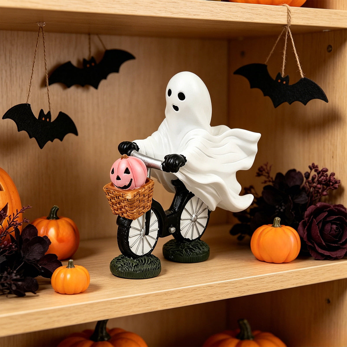 Halloween Ghost Figurine, Ghost Girl with Pink Bow & Hot Drink, Funny Ghost Statue Halloween Decor for Gift, Cute Spooky Tabletop Ornament for Home, Mantle, Desk & Party Decoration