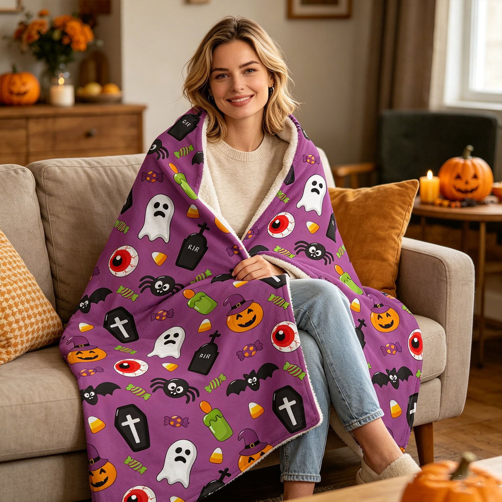 Halloween blanket,Halloween Print Throw Blanket Flannel Soft Cozy Decorative Nap Blanket with Ghost Pumpkin Skull for Office Bedroom Sofa Camping Travel(100x150cm/39x59 Inch),Black